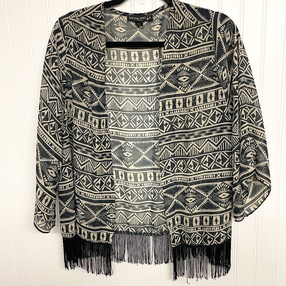 Living Doll Bohemian Aztec Print Cardigan Sz S/M Duster Kimono Swim Cover Fringe